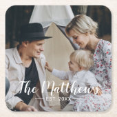 家族名と設立年を入れたオリジナル写真 スクエアペーパーコースター (正面)