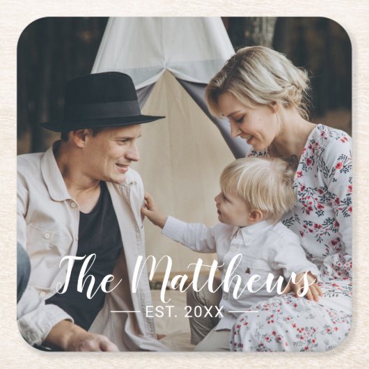 家族名と設立年を入れたオリジナル写真 スクエアペーパーコースター (正面)