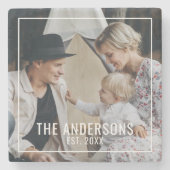 家族名と設立年付きのカスタム写真 ストーンコースター (正面)