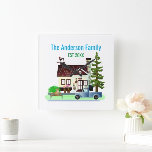 家族名の新しい家 スクエア壁時計 (ホーム)