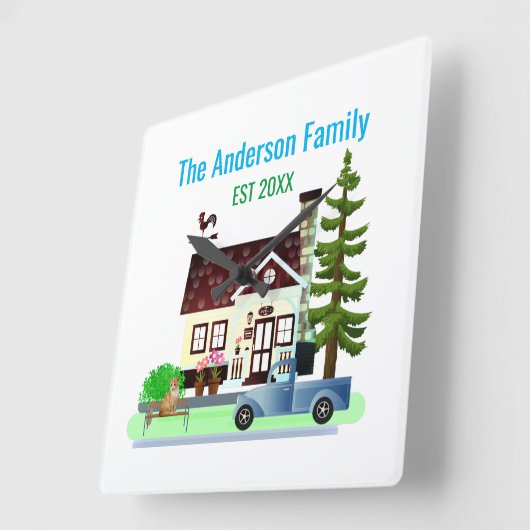 家族名の新しい家 スクエア壁時計 (傾斜)