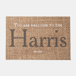 家族名の素朴な茶色のスタイリッシュ文字バーラップデコル ドアマット