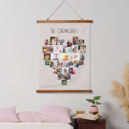 家族名ハート型フォトコラージュ29写真 吊り下げ型タペストリー (寝室)