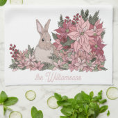 家族名ピンクの花とウサギのクリスマス キッチンタオル (折り畳み)