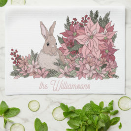 家族名ピンクの花とウサギのクリスマス キッチンタオル