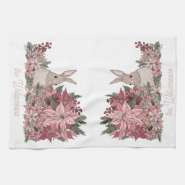 家族名ピンクの花とウサギのクリスマス キッチンタオル
