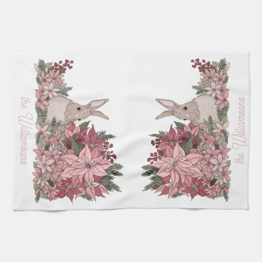 家族名ピンクの花とウサギのクリスマス キッチンタオル (横)