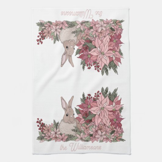 家族名ピンクの花とウサギのクリスマス キッチンタオル (縦)