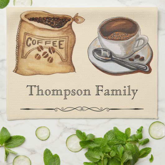 家族名モダン素朴な水の色コーヒー愛好家 キッチンタオル (折り畳み)