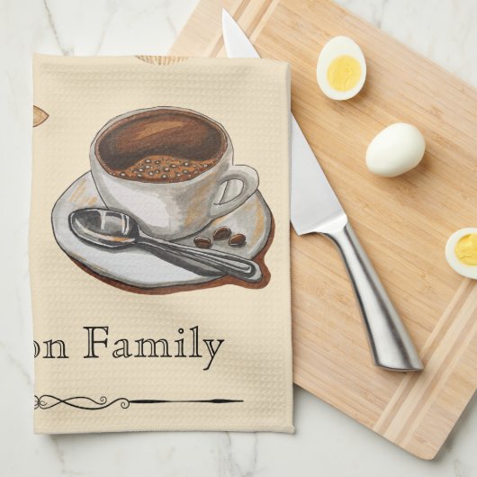 家族名モダン素朴な水の色コーヒー愛好家 キッチンタオル (四つ折り)
