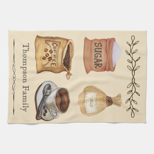 家族名モダン素朴な水の色コーヒー愛好家 キッチンタオル (横)