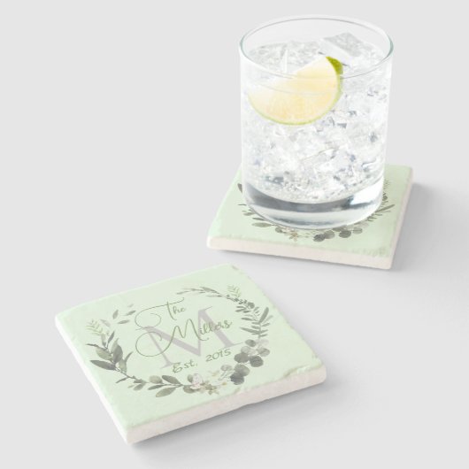 家族名モノグラム植物水色 ストーンコースター (横)