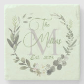 家族名モノグラム植物水色 ストーンコースター (正面)