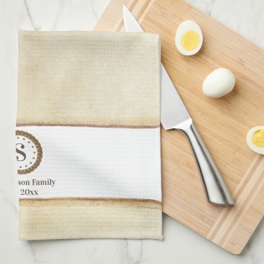 家族名国編集可能モノグラムコーヒーブラウン キッチンタオル (四つ折り)