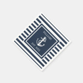 家族名航海のいかりボートネイビーブルーストライプ スタンダードカクテルナプキン (角)