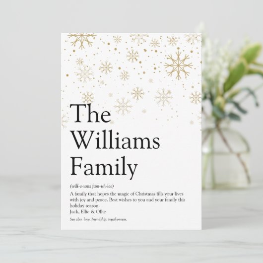 家族定義の雪片クリスマスメッセージ シーズンカード (スタンド正面)