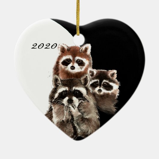 家族引用文日付ウォーターカラーラクーンアニマル セラミックオーナメント (裏面)