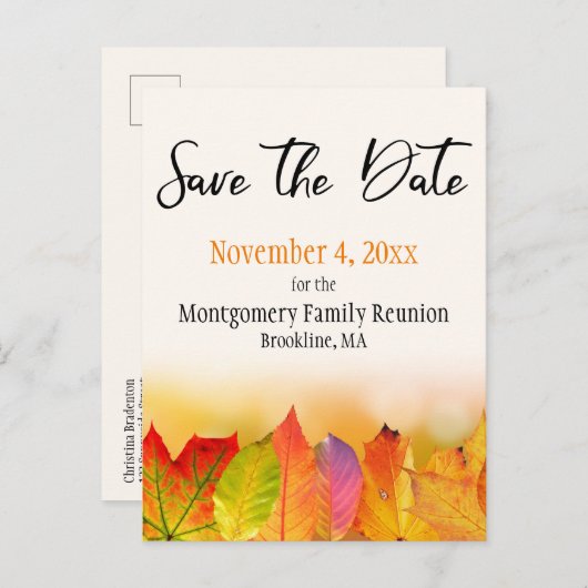 家族懇親会日付秋の葉を保存縁ど 案内ポストカード (正面/裏面)
