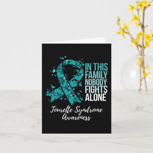 家族支援ティール（緑がかった色）リボントゥレット症候群アウェア カード (黄色い花)