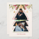 家族数々の写真グリーン葉クリスマス シーズンカード (正面/裏面)