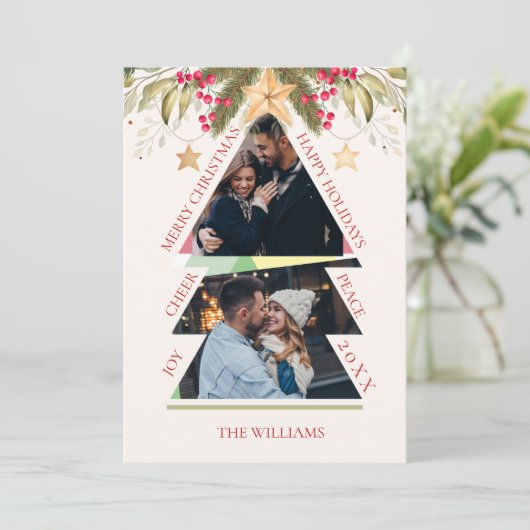 家族数々の写真グリーン葉クリスマス シーズンカード (スタンド正面)