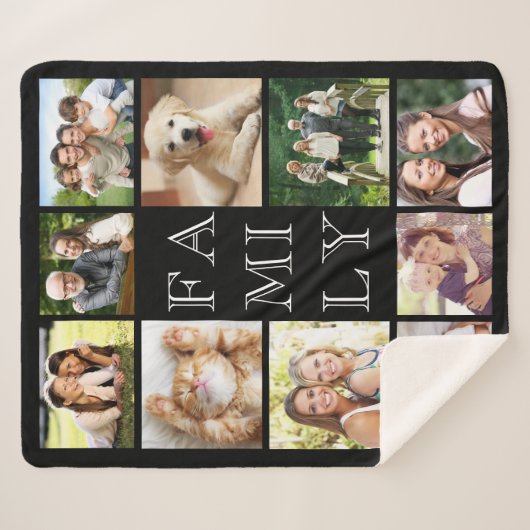 家族数々の写真コラージュパーソナライズされたブラック シェルパブランケット (正面(横))
