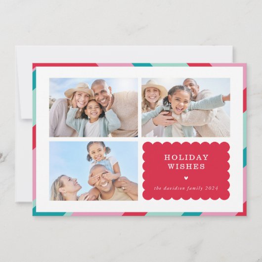 家族数々の写真モダン可愛い縁ど赤ピンク シーズンカード (正面)