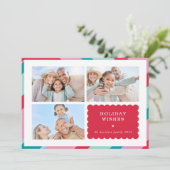 家族数々の写真モダン可愛い縁ど赤ピンク シーズンカード (スタンド正面)