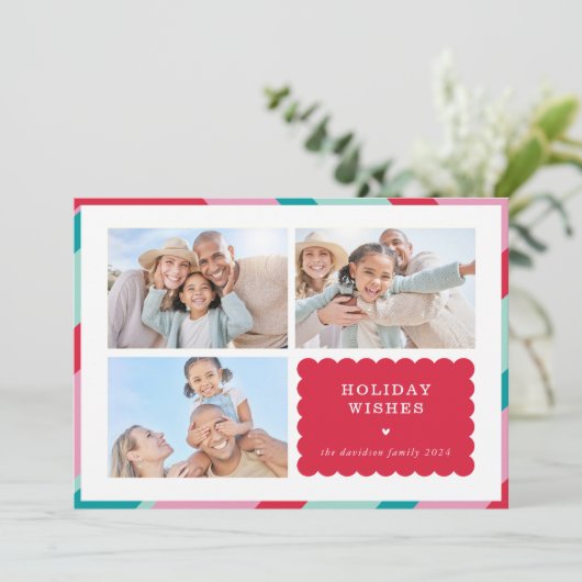 家族数々の写真モダン可愛い縁ど赤ピンク シーズンカード (スタンド正面)
