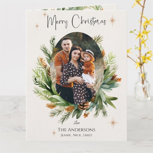 家族数々の写真緑葉のクリスマス カード (黄色い花)