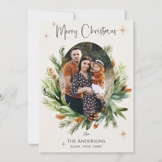 家族数々の写真緑葉のクリスマス シーズンカード (正面)