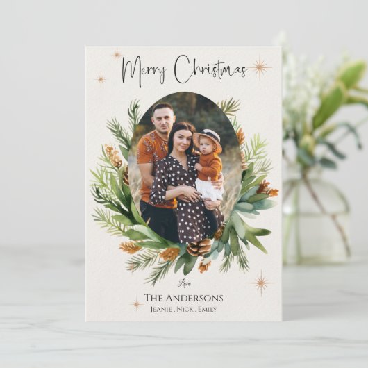 家族数々の写真緑葉のクリスマス シーズンカード (スタンド正面)