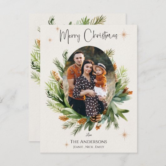 家族数々の写真緑葉のクリスマス シーズンポストカード (正面/裏面)