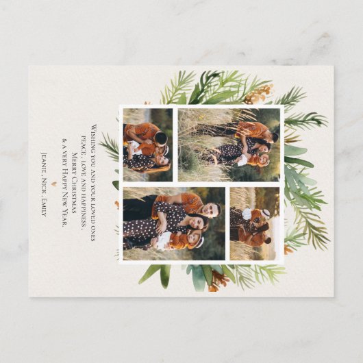 家族数々の写真緑葉のクリスマス シーズンポストカード (裏面)