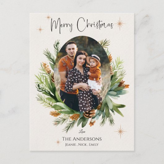 家族数々の写真緑葉のクリスマス シーズンポストカード (正面)