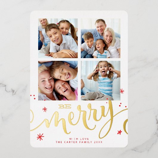 家族数々の4写真モダン書メリー赤 箔シーズンカード (正面)
