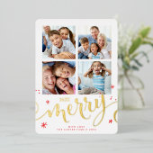 家族数々の4写真モダン書メリー赤 箔シーズンカード (立ち正面)