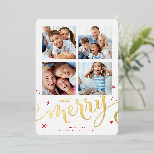 家族数々の4写真モダン書メリー赤 箔シーズンカード (立ち正面)