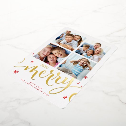 家族数々の4写真モダン書メリー赤 箔シーズンカード (回転した状態)