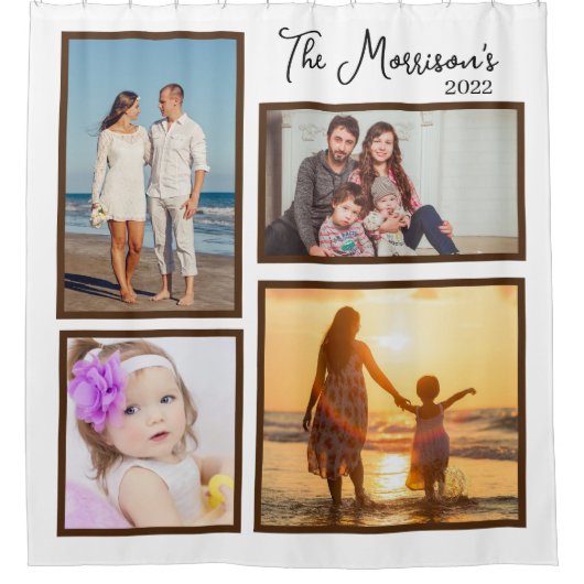 家族旅行モダン写真コラージュの作成 シャワーカーテン (正面)