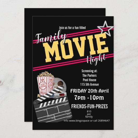 家族映画夜、フィルムのパーティーPTAのイベントPTO 招待状 (正面/裏面)