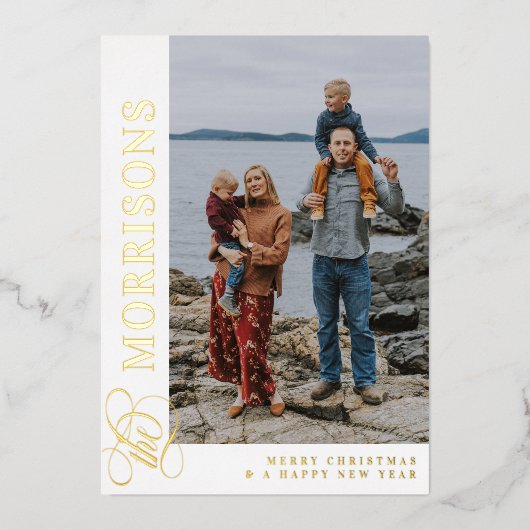 家族渦巻形の名メリークリスマス金ゴールド 箔シーズンカード (正面)