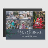 家族素朴コラージュのクリスマスブルー磁気カード (正面/裏面)