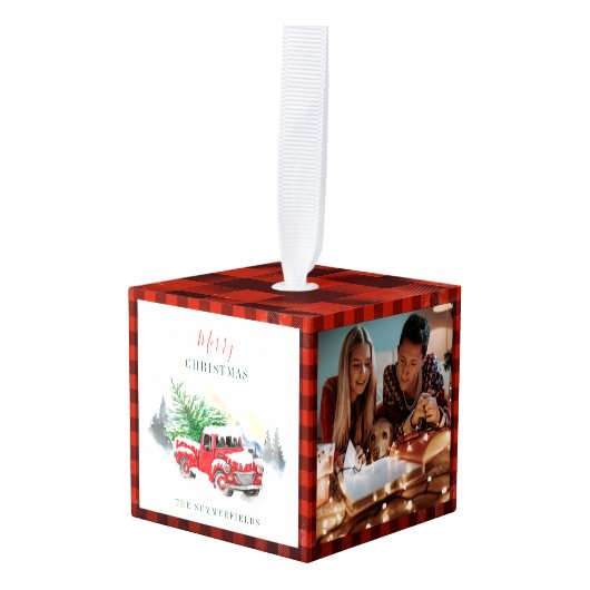 家族素朴写真コラージュのプレイド キューブオーナメント (正面アングル)