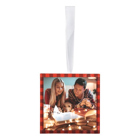 家族素朴写真コラージュのプレイド キューブオーナメント (右)