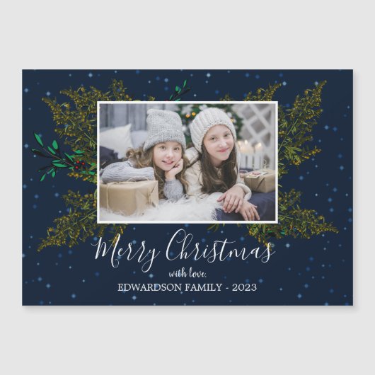 家族素朴写真メリークリスマス磁気カード (正面)