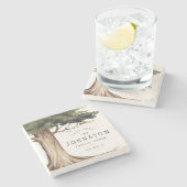 家族素朴名キャビン水の色フォレストツリー ストーンコースター (横)