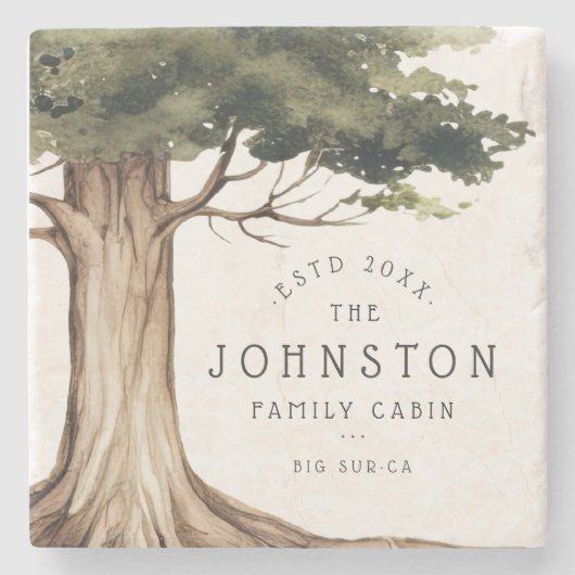 家族素朴名キャビン水の色フォレストツリー ストーンコースター (正面)