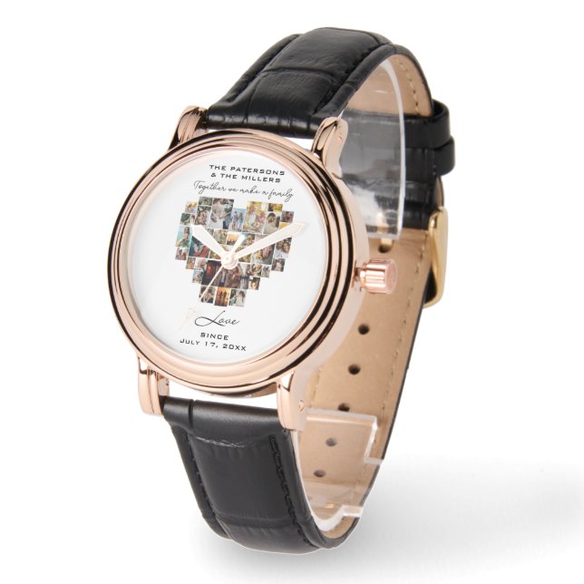家族結婚記念ハート写真コラージュ 腕時計 (傾斜)