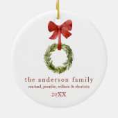 家族記念クリスマスグリーンリーレッドボウ セラミックオーナメント (裏面)